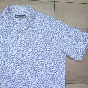 pd&c Button Up Shirt Sz XL White Blue Leaf Print Linen Blend Short Sleeve Casual